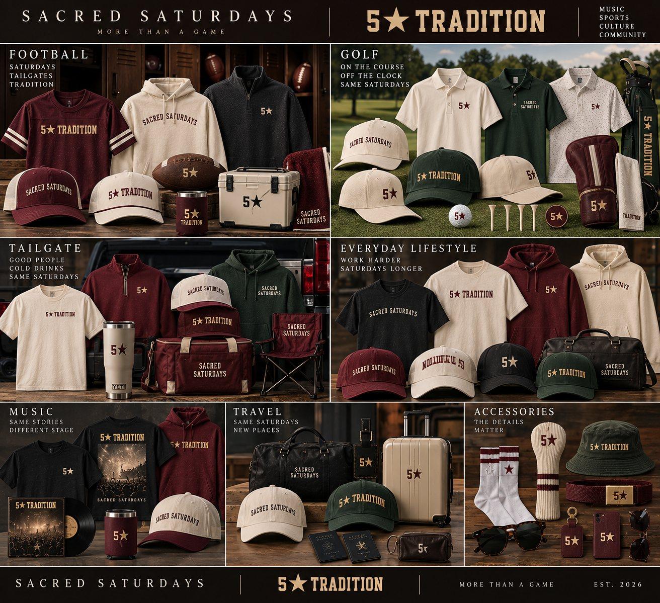 Sacred Saturdays collection — Football, Golf, Tailgate, Everyday, Music, Travel, Accessories